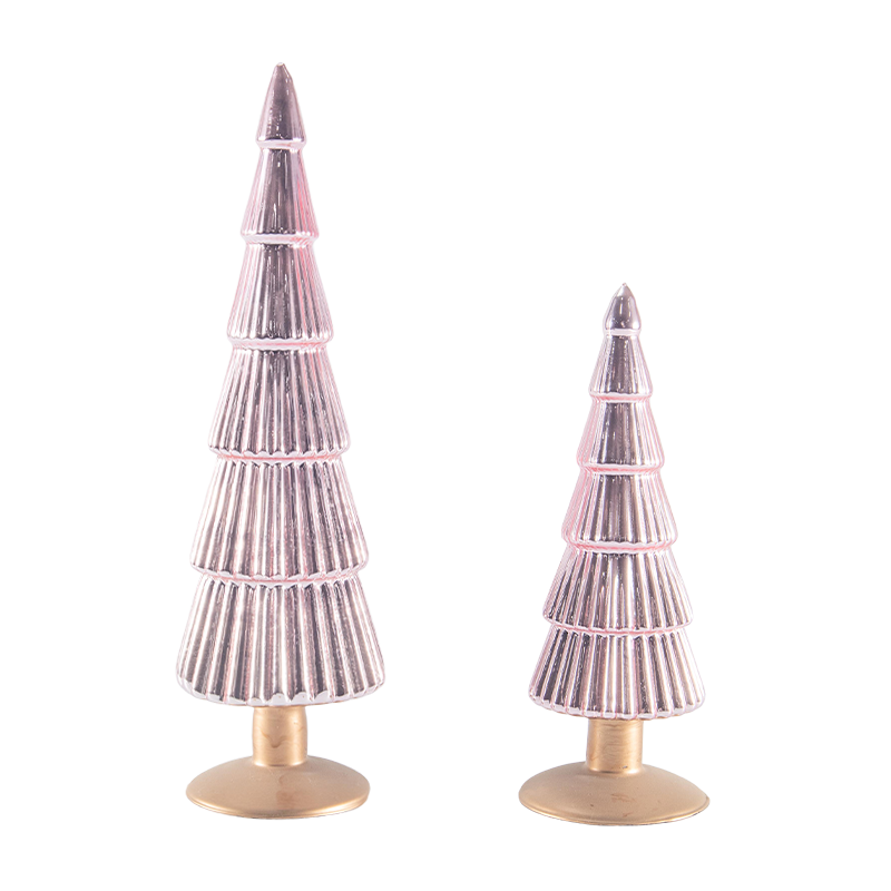 8×20 & 8×25cm Pohon Kaca Natal Bergaris 2 Potong Set Dekorasi Liburan di Atas Meja