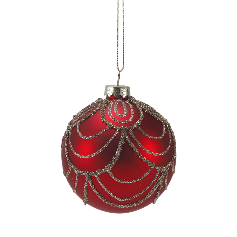 Bola Kaca Natal Matte Merah 8cm Perhiasan dengan Pusaran Glitter Emas