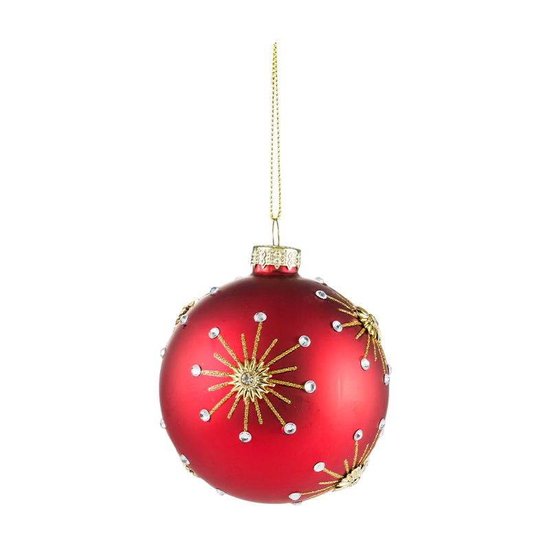 Bola Kaca Natal Matte Merah 8cm Perhiasan dengan Pusaran Glitter Emas