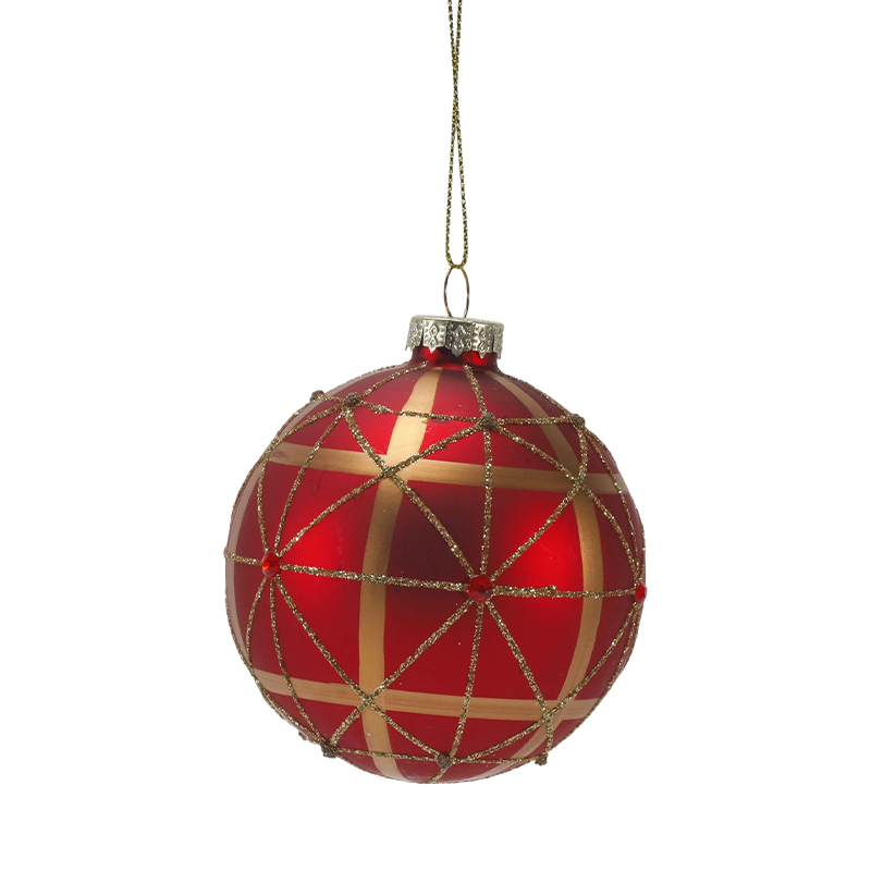 Bola Kaca Natal Matte Merah 8cm Perhiasan dengan Pusaran Glitter Emas