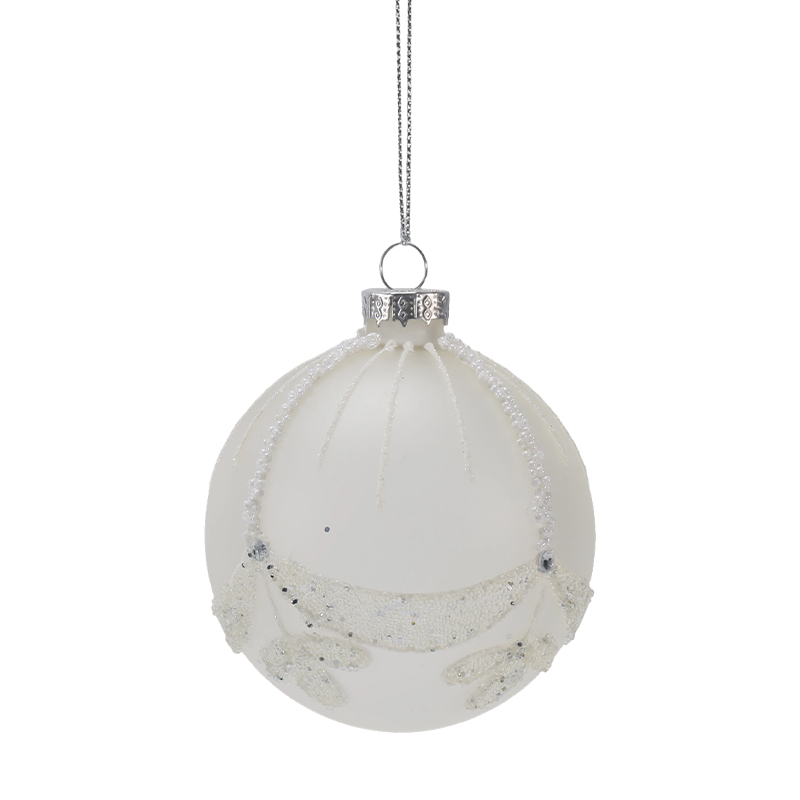 Ornamen Kaca Natal Putih Manik-manik Pengantin 8cm (Tunggal / Set isi 3)