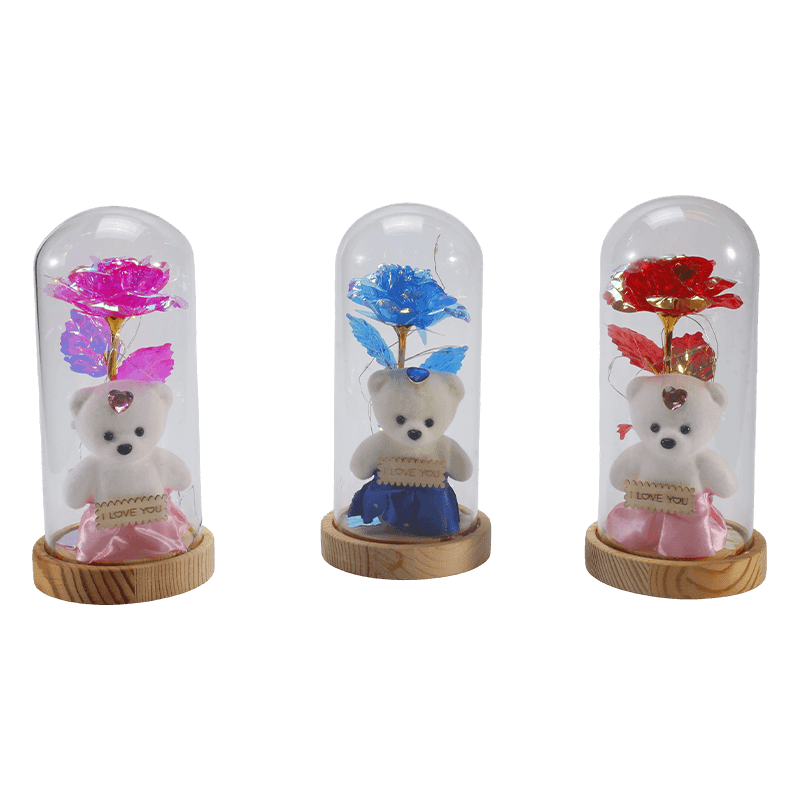 Galaxy Rose Glass Cloche Light (Dengan/Tanpa Teddy Bear, Berbagai Warna)