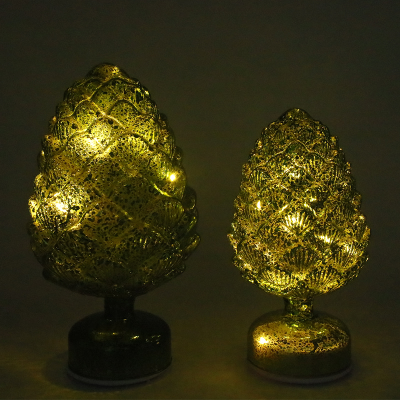 Dekorasi Meja LED Kaca Berputar Natal Biji Pinus 15×28 cm & 11×22 cm