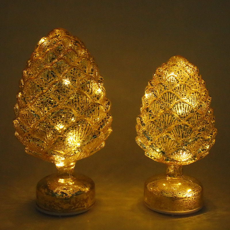 Dekorasi Meja LED Kaca Berputar Natal Biji Pinus 15×28 cm & 11×22 cm